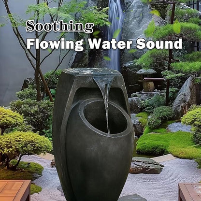 Backyard Water Fountain – 21.5” Tall Floor Standing Fountain, Indoor/Outdoor Modern Two-Tier Waterfall for Garden, Patio, or Yard Décor