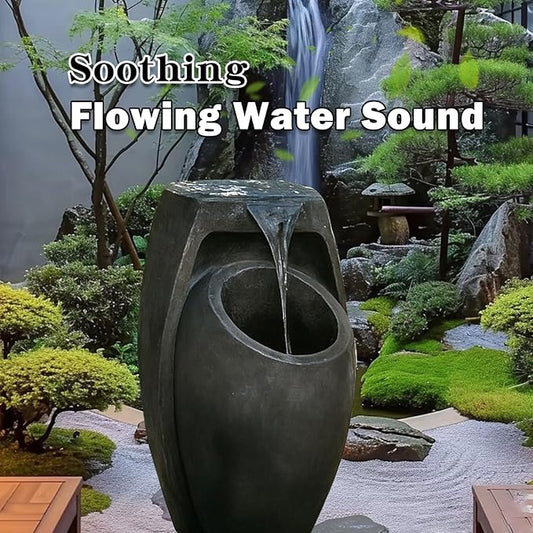 Backyard Water Fountain – 21.5” Tall Floor Standing Fountain, Indoor/Outdoor Modern Two-Tier Waterfall for Garden, Patio, or Yard Décor