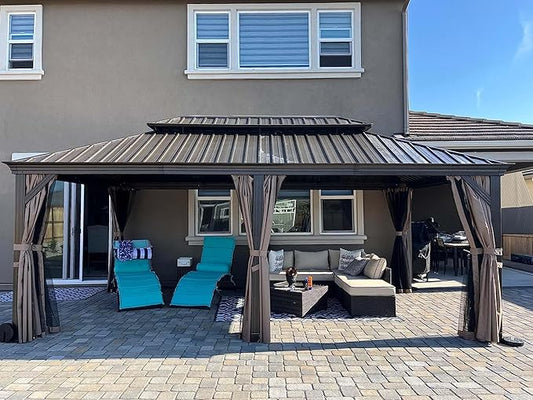 Domi 14' X 20' Hardtop Gazebo Large Outdoor Metal Gazebo with Galvanized Steel Double Roof Canopy, Aluminum Frame, Curtains and Netting for Patio, Deck, Garden, Brown