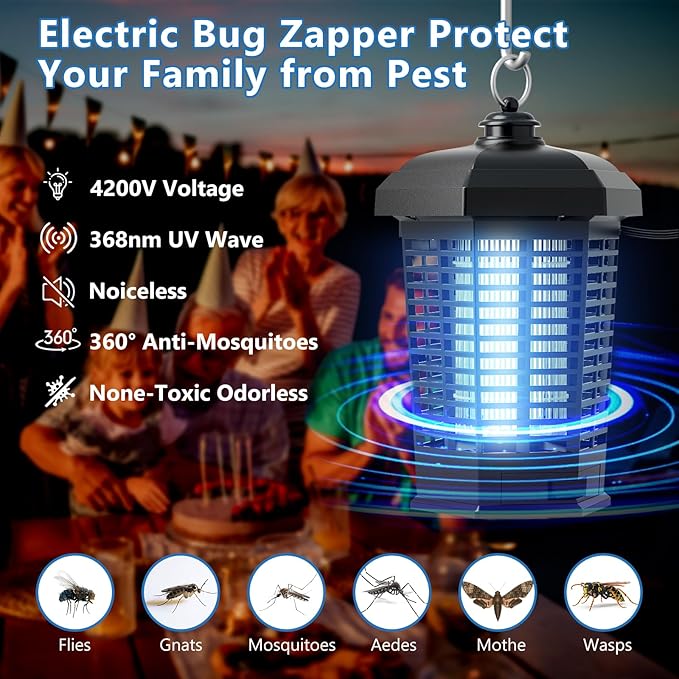 Bug Zapper Outdoor Indoor,Electric Mosquito Zapper Plug in,4200V Rechargeable Fly Trap with ABS Waterproof Cover,Electric Fly Zapper for Home Backyard Camping BBQ,Black