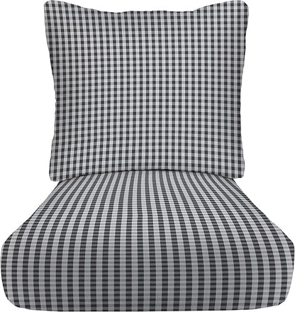 RSH DECOR: Deep Seating Cushion with Pillow Back | 24” x 27” Seat | All-Weather Spun Fabric | Water and Fade-Resistant | Outdoor Chair Cushion Set for Patio Furniture | Dawson Pewter Black Plaid