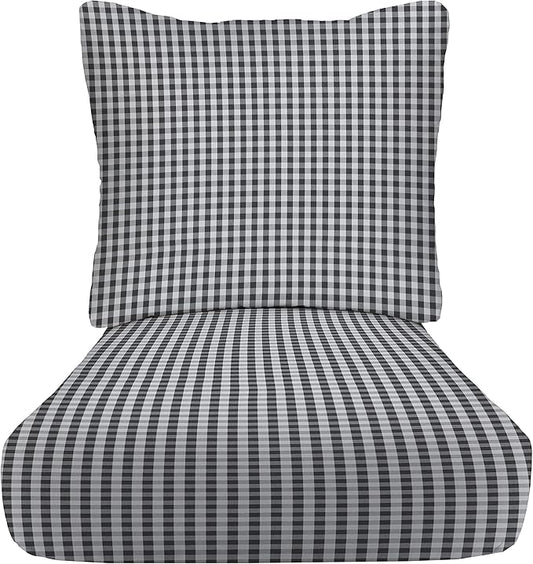 RSH DECOR: Deep Seating Cushion with Pillow Back | 24” x 27” Seat | All-Weather Spun Fabric | Water and Fade-Resistant | Outdoor Chair Cushion Set for Patio Furniture | Dawson Pewter Black Plaid