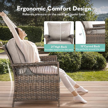 5 Pieces Wicker Patio Furniture Set - Hollow Widen Armrests Outdoor Rattan Chairs with Ottomans and Side Table, Small Patio Convention Set for Balcony Porch Deck and Yard - Brown/Beige