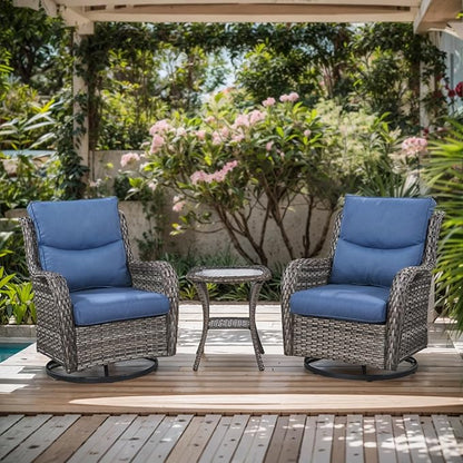 Patio Swivel Chairs with Smile-Shaped Cushions, 3 Piece High Back Patio Swivel Glider Chairs with Side Table 3PCS PE Rattan Luxury Swivel Patio Chair Set | Grey Wicker - Blue Cushions