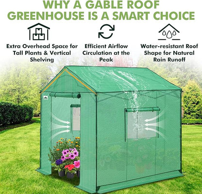 EAGLE PEAK 8x8 Portable Pop Up Greenhouse, Patented Center Lock Easy One Person Setup, Walk-in Outdoor Greenhouse with Gable Roof, Weight Bags, Zippered Doors & Windows, Green