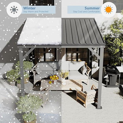 Domi 8’ x 8’ Wall-Mounted Hardtop Gazebo Pergola – Permanent Lean-to Outdoor Shelter with Sloped Galvanized Steel Roof & Upgraded Drainage – Grey Metal Patio Cover for Backyard, Deck, Garden