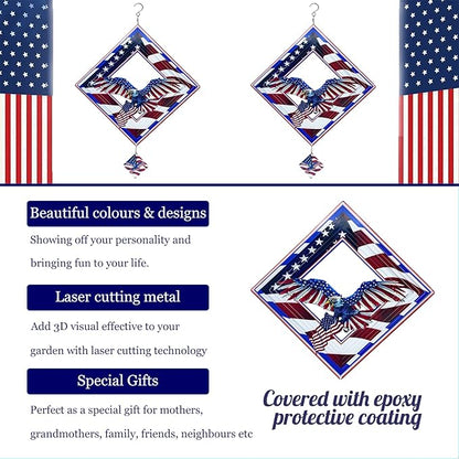 Eagle Wind Spinners for Yard and Garden,Wind Spinner Hanging,3D Metal Wind Catchers,12in American Flag Kinetic Spinner,Fourth of July Independence Day Party Decorations for Indoor Outdoor(Rhombus)