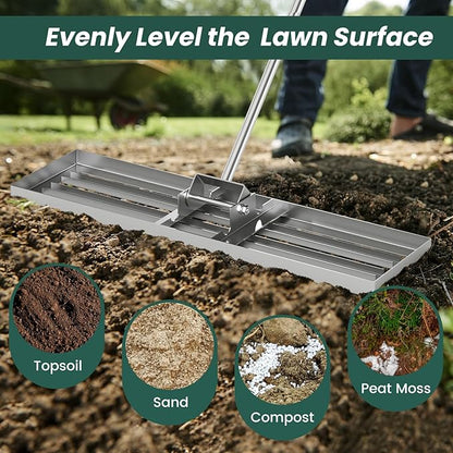 Goplus Lawn Leveling Rake, 36" x 10" Heavy Duty Level Lawn Tool w/ Ergonomic Handle for Soil, Effort-Saving Landscape Rake for Garden, Backyard, Golf Course, Farm, Pasture, Silver