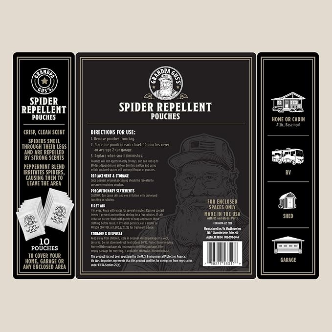 Grandpa Gus's Natural Spider Repellent Pouches, Peppermint and Lemongrass Oil Blend for Indoor Pest Control, Safe for Home, RV, Garage, Basement (10 Pouches)