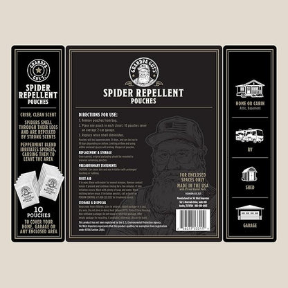 Grandpa Gus's Natural Spider Repellent Pouches, Peppermint and Lemongrass Oil Blend for Indoor Pest Control, Safe for Home, RV, Garage, Basement (10 Pouches)