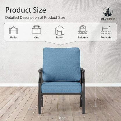 HERA'S HOUSE Outdoor Chairs Set of 2, 2 x Patio Chair with Navy Blue Cushions, All Weather Outdoor Furniture for Lawn Garden Backyard Deck(Leg Chairs)