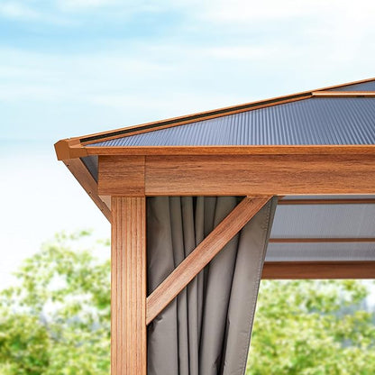 TOOLPORT Hardtop Gazebo 10x10 ft with Polycarbonate Roof - Wood-Like Finish - 4 Side Panels in Gray