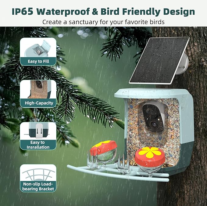 Smart Bird Feeder with Camera Solar Powered - 2K HD Live Video Camera AI Identify Birds, Visible Window Auto Capture& Motion Detection -Instant Arrival Alerts, Birds Lover Gifts