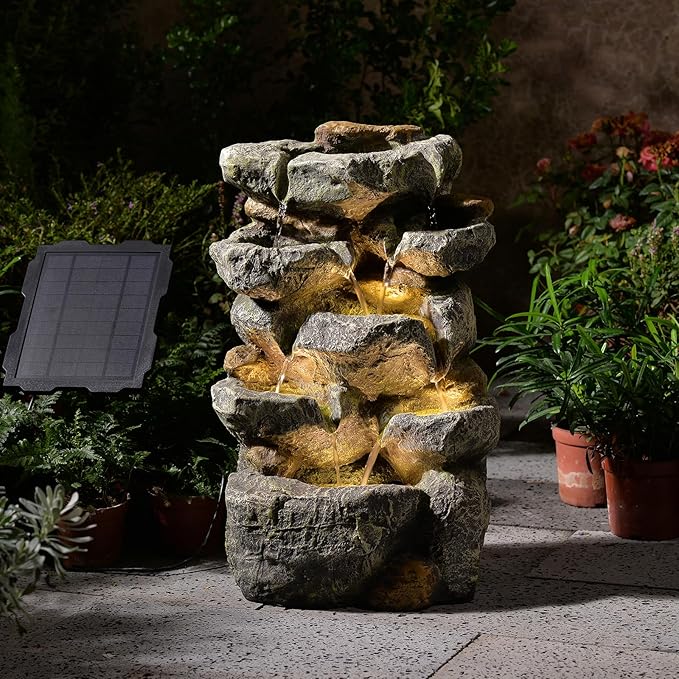 Solar Powered Water Fountain, 5 Tier Cascading Stone Design Feature Outdoor Fountains Waterfalls with Light, Pump Solar Panel for Patio, Deck, Porch, Backyard Home Decor,19.3" H
