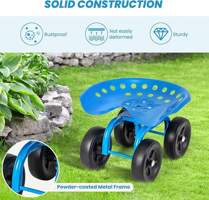 LDAILY Garden Seat with Wheels, Heavy-Duty Utility Stool Cart with Adjustable 11"-16" Height & 360° Rotatable, Rolling Garden Cart with Seat for Lawn Planting, Yard Work, Patio Gardening (Blue)