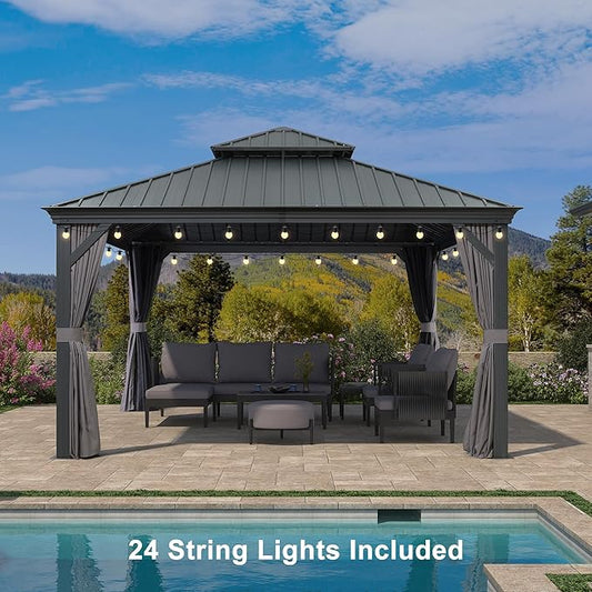 PURPLE LEAF 13' X 13' Gazebo with Light Galvanized Steel Hardtop Roof Patio Gazebo for Outdoor Lawn and Garden Permanent Pavilion Grey