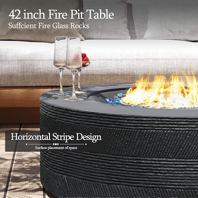 UPHA 42-inch Outdoor Propane Gas Fire Pit Table 50000 BTU Concrete Round FirePit for Outside Patio with Propane Tank Cover, Navyblue Fire Glass, Rain Cover, Grey Texture