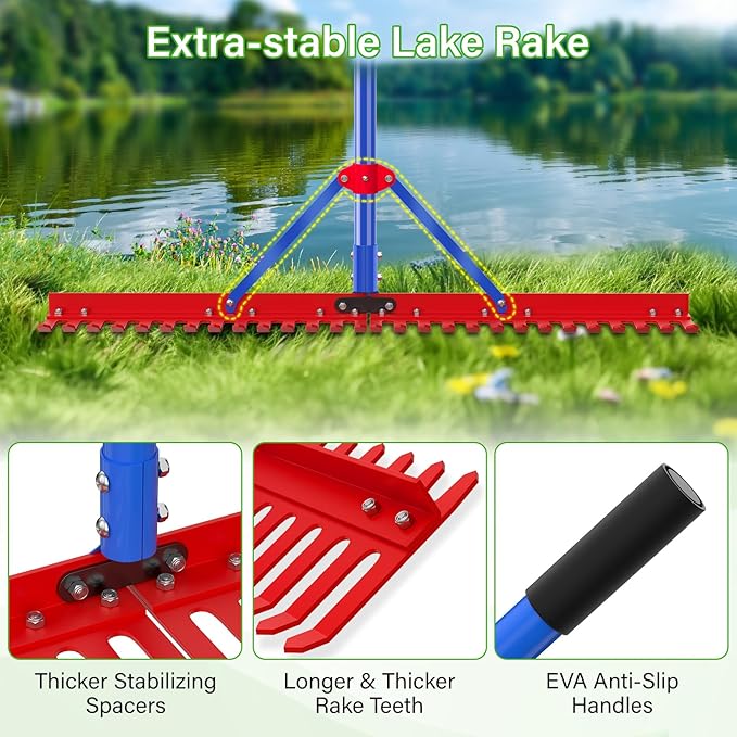 Lake Rake,Pond Rake Aquatic Weed Rakes,Large Heavy Duty Aluminum Aquatic Rakes with 7" Metal Tines 11FT Extension Handle,26FT Rope and Float for Removal of Weeds,Leaves(Patents Pending)