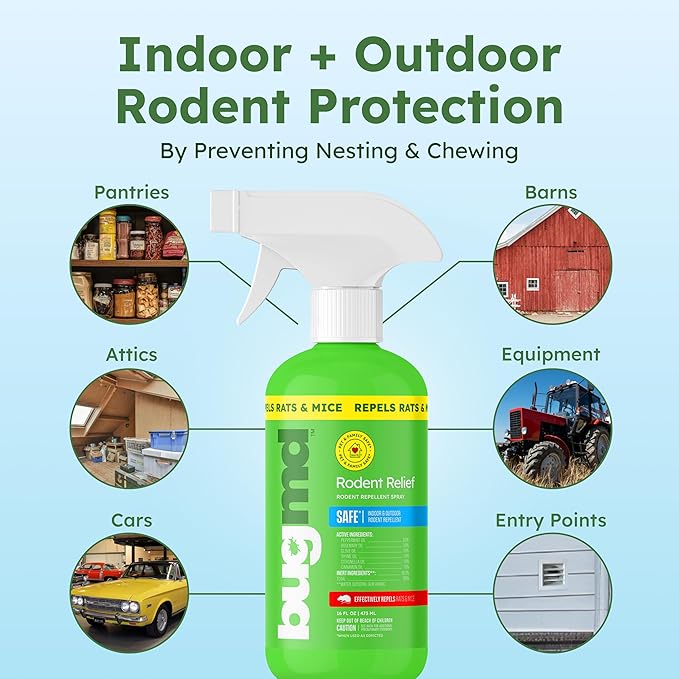 BugMD Peppermint Oil Spray for Rodents - 16oz Mouse Repellent & Rodent Repellent Spray, Natural Mice Repellent with Cinnamon, Clove, and Rosemary Oils - Safe Indoor & Outdoor Use