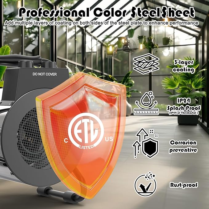 Greenhouse Heater with Thermostat - Portable Patio Outdoor Heater for Green House, Overheating Protection, Fast Heating, Garage Outdoor Use, Silver, Medium