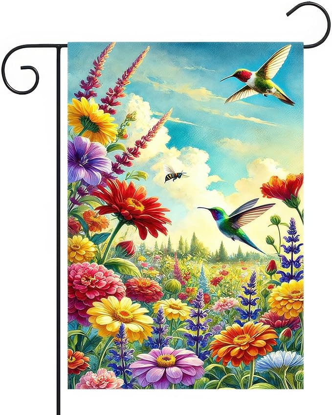 Spring Garden Flag 12 x 18 Inch Double Sided Hummingbird Welcome Yard Flag Outdoor Bee Colorful Flower Sky Summer Farmhouse Seasonal Yard Lawn Outside Decorations