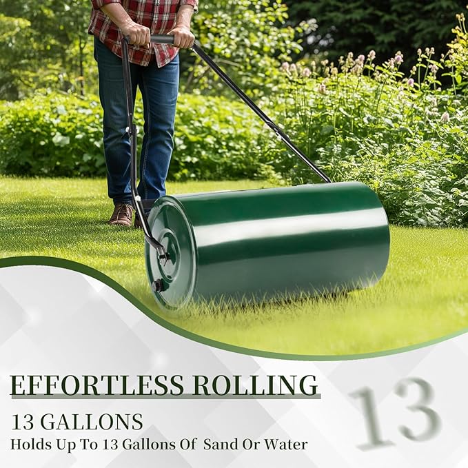 Outvita Lawn Roller, 13 Gallons Water and Sand Filled Garden Drum Roller with U Shaped Handle Tow beind Sod Roller for Planting, Seeding(Green ＆ Black)