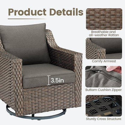 Outdoor Wicker Patio Furniture Set - 5 Piece Outside Rattan Conversation Bistro Dining Chair Sets with Rocking Swivel Chairs, Ottomans and Side Table for Porch Yard Balcony – Brown/Grey