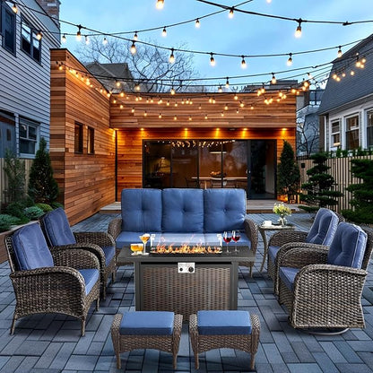 HUMMUH 9 Piece Patio Furniture Set with Fire Pit Table,Wicker Patio Swivel Rocker Outdoor Chairs 3-Seat Sofa with Ottomans for Backyard,Poolside,Deck