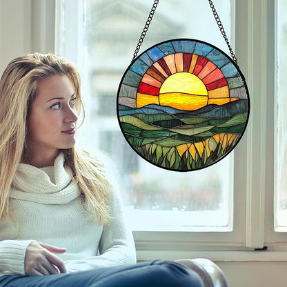 Stained Glass Window Hanging, Golden Red Sun Green Mountain Suncatcher for Window Home Decor Nature Landscape Sun Catcher Mother's Day Birthday Gifts for Women Men Mom Nana 15 in