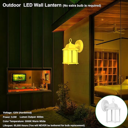 LIT-PaTH Outdoor LED Wall Lantern, Wall Sconce as Porch Light, 9.5W 800 Lumen, Aluminum Housing Plus Glass, 3000k-Matte White Finish, 2-Pack