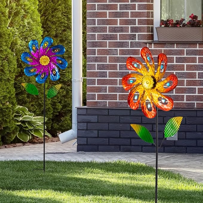 2 Packs Wind Spinners Outdoor, Metal Wind Sculptures & Spinners with Stake, Colorful Flower Windmill for Yard Patio Lawn Garden Decor, 36 x 9 Inches