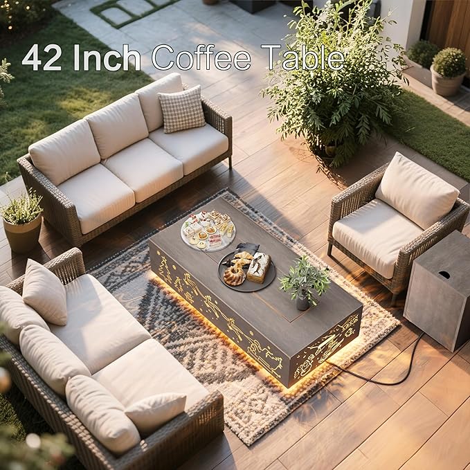 42" Outdoor Fire Pit Table, 50,000 BTU Gas Fire Pit with Glass Wind Guard, Fire Stones, Waterproof Cover, Propane Fire Pit Table for Outside Patio Hollow-Out (Elk, Brown)