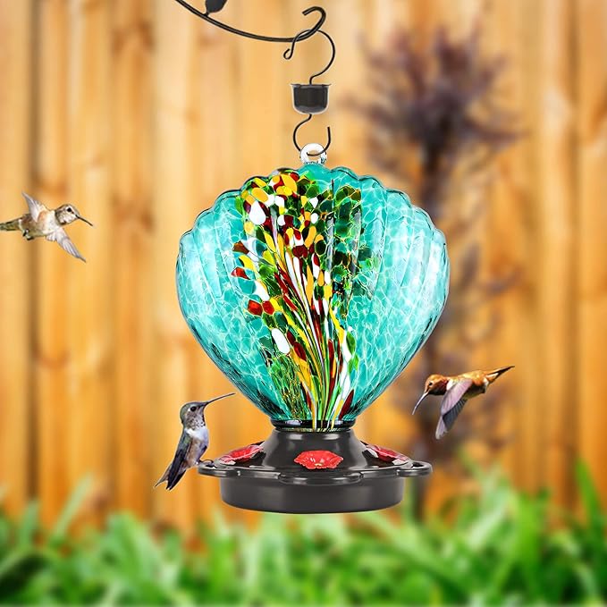 LUJII Seashell Shaped Hand Blown Glass Hummingbird Feeder for Outdoors Hanging, Rust Proof & Leak Proof, 25 fl.oz, Unique Gardening Gift for Women, Garden & Backyard Decor, Teal