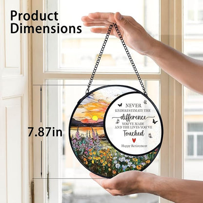 TNUW Retirement Gifts Flower Stained Glass Window Hanging, Difference Maker Gift Sun Catchers Indoor Window Glass Round Wall Art Decor, Retired Gifts for Woman Wall Hanging Decorations, 7.9＂x7.9＂