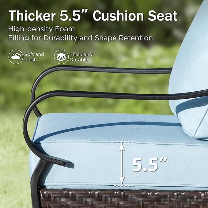 PHI VILLA Outdoor Modern Patio Furniture Set, Upgraded Wicker&Metal Patio Furniture Conversation Set with Waterproof Thick Cushions for Porch, Poolside, Deck, and Yard (4 Pieces,Blue)