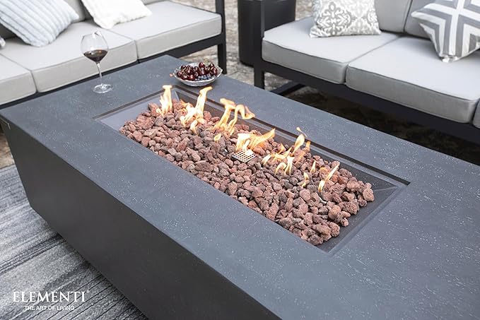 Elementi Andes Gas Fire Pit Cast Concrete Fire Table, Outdoor Fire Pit Electronic Ignition | Canvas Cover, Lava Rock Included | Free AMS Wind Guard & Table-top Firepit | Dark Gray (Propane Gas)