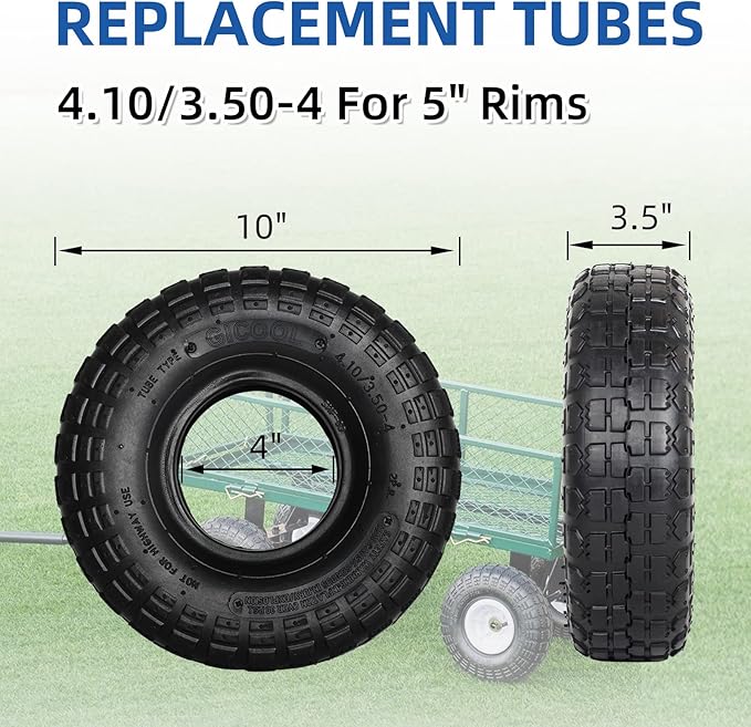 4.10/3.50-4 Replacement Tire and Inner Tube Set, 2 Pack, 10" Heavy Duty Tire and Tube, TR-13 Straight Valve Stem, for Hand Truck Trolley Dolly Garden Wagon Cart Wheel Replacement