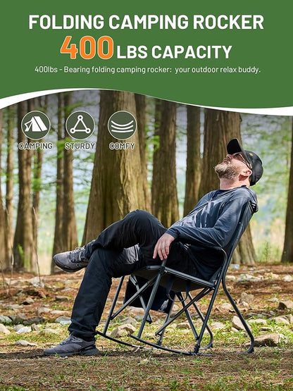 TIMBER RIDGE Folding Oversized Rocking Camping Chair, 400lbs Capacity Portable Outdoor Rocker with Hard Armrests, Cup Holder & Side Pocket, Quick-Fold Design for Outdoor, Patio, Lawn, Grey