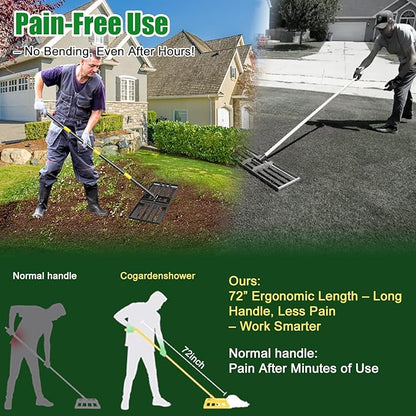 Lawn Leveling Rake - Heavy Duty 17"x10" Stainless Steel Lawn Leveler | Adjustable 28-72" Handle, Reinforced Welds & Smooth Edge for Soil, Dirt,Ground,Yard Top Dressing,Landscaping