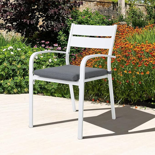 Soleil Jardin Outdoor Aluminum 4-Piece Patio Dining Chairs with Cushions, Stackable Bistro Chairs for Balcony, Garden, Backyard, White Finish & Grey Cushion
