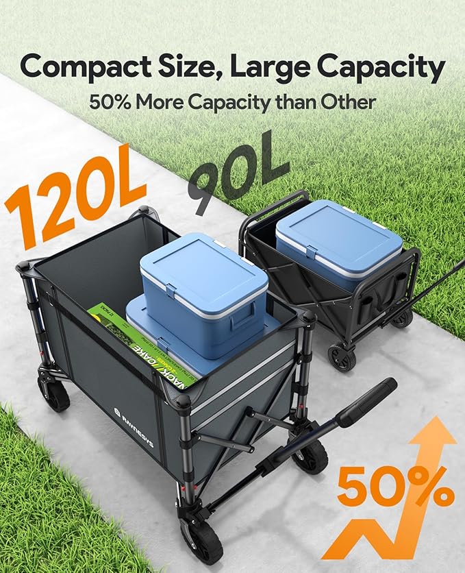 Collapsible Wagon Cart with Wheels 220lbs Foldable Wagon 120L Shopping Cart for Groceries Folding Utility Wagon for Beach, Garden, Camping, Sport, Apartment, Wheelbarrows, Gray