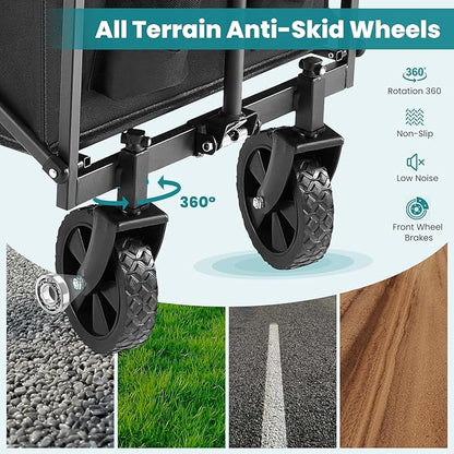 OLIXIS Heavy Duty Wagon Cart, 360 lbs Foldable Large Collapsible Wagons Carts with Wheels Smooth Maneuverability for All-Terrain, Suitable for Gardening, Camping, Beach - Black