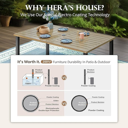 HERA'S HOUSE 7-Piece Outdoor Dining Set for 6, 60" Weather-Resistant Metal Patio Table with 6 Foldable Black Chairs, Perfect for Garden, Backyard, Porch & Lawn (Space-Saving Design)