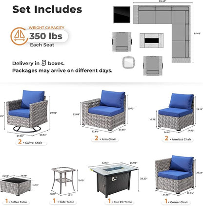 ovios 10 Pieces Patio Furniture Set, Outdoor Wicker Sectional Sofa with 42" Fire Pit Table Swivel Chairs, Modern Modular Deep Seat Rattan Couch Conversation Sets, Navy Blue