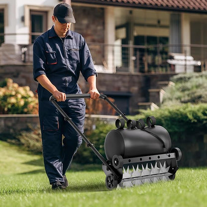 22.5-Inch Lawn Aerator with Weight Bag, Heavy Duty Push Spike Aerator with 4 Wheels, Aerator Lawn Tool with 42.2" Steel Handle, Manual Aerator Lawn Tool with Foam Armrests, for Lawn, Garden and Yard