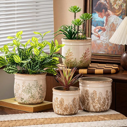 Vintage Pink and Green Ceramic Planter Set of 2, 4.7+5.7 Inch Rustic Flower Pots for Indoor Plants, Decorative Ceramic Plant Pots for Home, Living Room, Garden, Gardening Gift