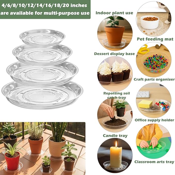 16 Packs 6/8/10/12 Inches Large Clear Plant Saucers for Indoor Outdoor Use Heavy Duty Plastic Plant Trays for Planter Bulk Flower Pot Drip Trays to Catch Water, 4 to 20 Inch