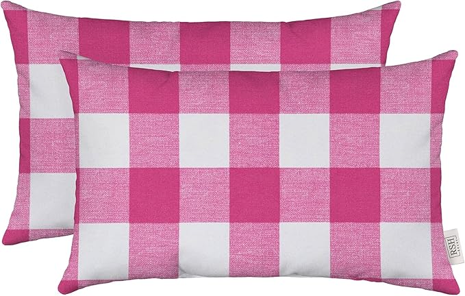 RSH DECOR: Lumbar Throw Pillows Set of 2 | 20” x 12" | All-Weather Spun Fabric | Water and Fade-Resistant | Outdoor Support Pillows for Patio Furniture | Classic Pink Buffalo
