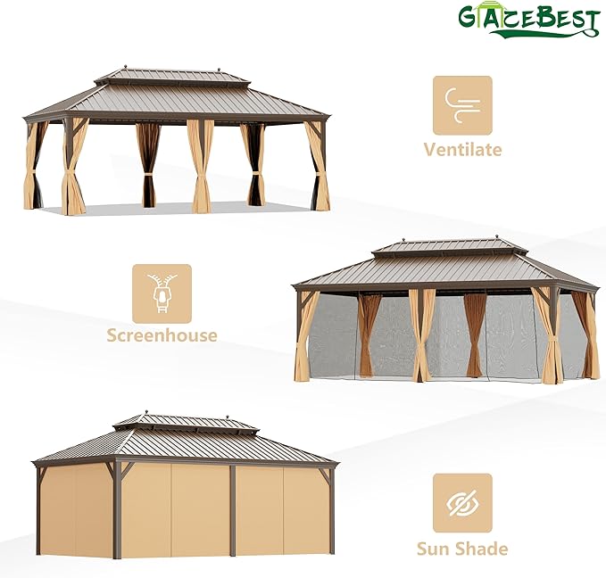 12' X 22' Hardtop Gazebo, Outdoor Galvanized Steel Double Roof Permanent Aluminum Frame Pavilion Pergola Canopy with Privacy Curtains for Garden, Patio, Backyard, Deck and Lawns.