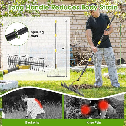 Thatch Rake 4.5FT Heavy Duty Metal Dethatcher Rake with Adjustable Long Handle 19-Tine 15” Wide Lawn Yard Garden Tool for Cleaning Dead Leaf Grass Loosing Soil